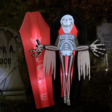Load image into Gallery viewer, Halloween Inflatable 6FT Coffin Skeleton Skull with Built-in LEDs Blow Up Yard Decoration for Holiday Party Indoor, Outdoor, Yard, Garden, Lawn
