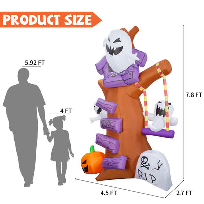 GOOSH 8 FT Height Halloween Inflatables Outdoor Ghost Tree with Ghost Pumpkin & Tombstone, Blow Up Yard Decoration Clearance with LED Lights Built-in for Holiday/Christmas/Party/Yard/Garden
