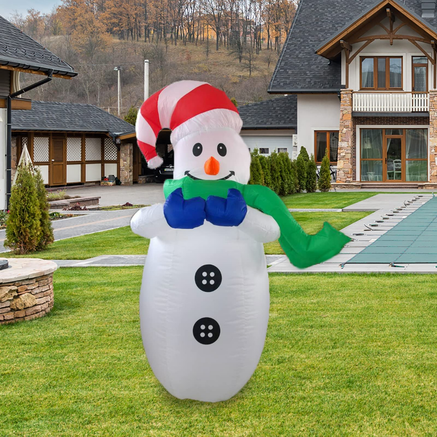 GOOSH 4FT Christmas Inflatables Snowman Wearing Green Scarf with Bright LED Light Yard Decoration,Chirstmas Inflatables Clearance for Xmas Party,Indoor,Outdoor,Garden,Yard Lawn