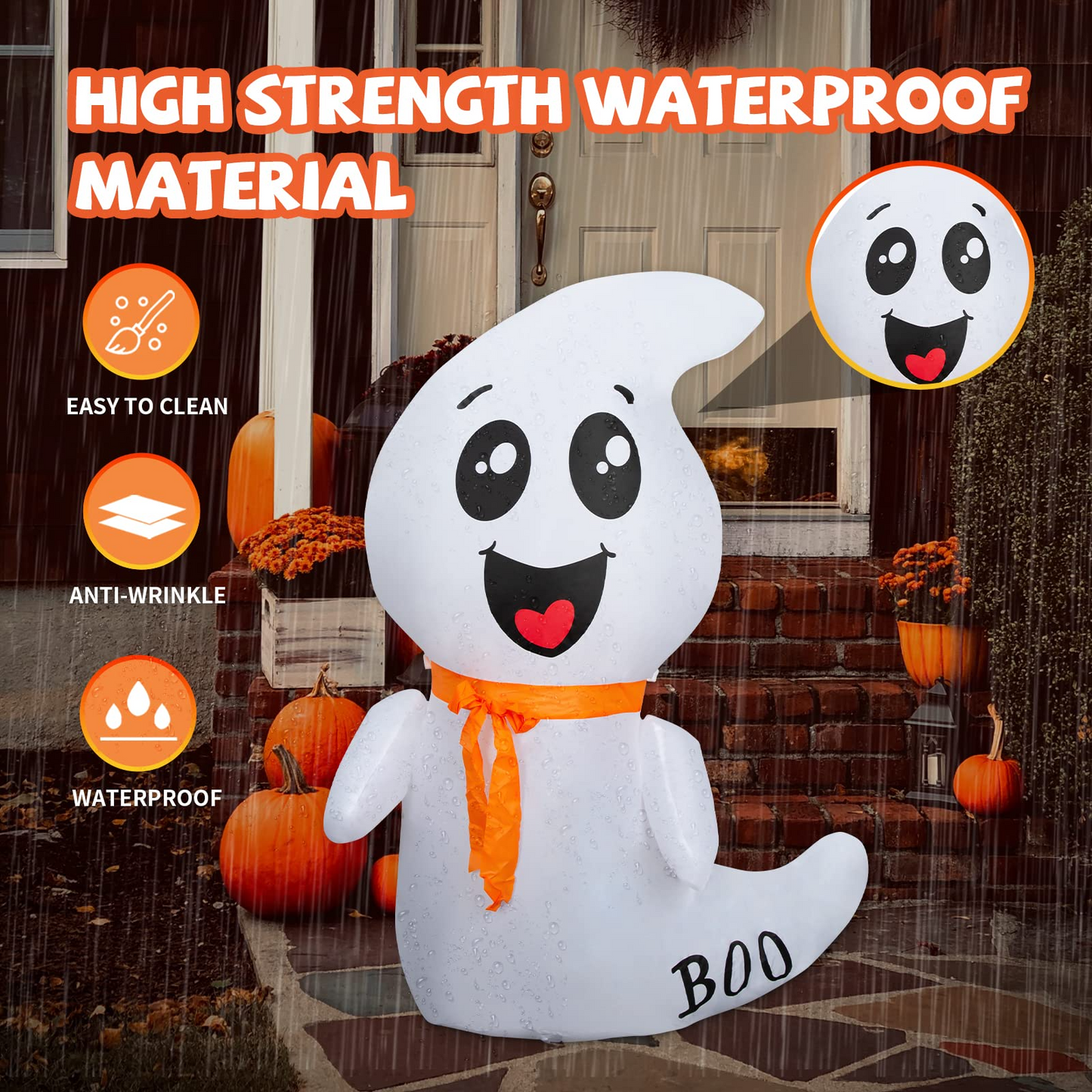 GOOSH 4 FT Halloween Inflatable Outdoor White Cute Ghost with Build-in LEDs Blow Up Inflatables for Halloween Party Indoor Outdoor Yard Garden Lawn Decorations