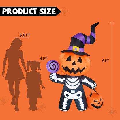 GOOSH 6 FT Height Halloween Inflatable Outdoor Pumpkin with Skull Body, Blow Up Yard Decoration Clearance with LED Lights Built-in for Holiday/Party/Yard/Garden