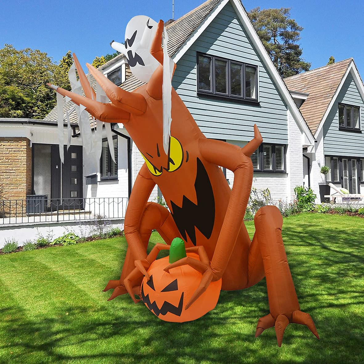 8-Foot Halloween Inflatable Decoration Giant Sitting Monster Tree Holding Pumpkin with Ghost on Top Built-in LED Light, Indoor/Outdoor, Yard, Garden, Patio, Lawn Halloween Blow Up Decor