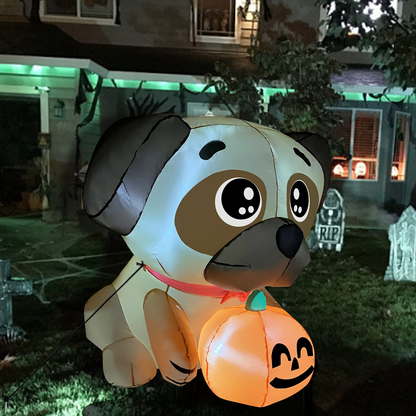 GOOSH 5 FT Halloween Inflatables Dog Outdoor Yard Decorations Blow Up Pug Holding Pumpkin with Built-in LEDs for Indoor Party Garden Lawn Decor