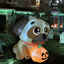 Load image into Gallery viewer, Halloween Inflatable 4FT Pug Dog Holding Pumpkin with Built-in LEDs Blow Up Yard Decoration for Holiday Party Indoor, Outdoor, Yard, Garden, Lawn
