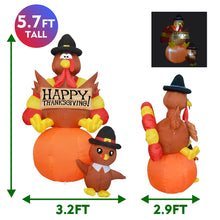 Load image into Gallery viewer, Thanksgiving Day Inflatable 5.7FT Turkeys Sitting on Pumpkin with Built-in Bright LED Lights Blow Up Inflatables Christmas Party/Indoor/Outdoor/Yard/Garden/Lawn Decoration
