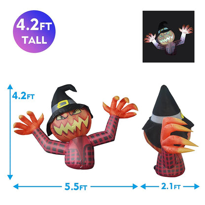 GOOSH 5.5 FT Height Halloween Inflatables Pumpkin Ghost with Witch Wizard hat, Blow Up Yard Clearance Decoration with Built-in LED Lights for Indoor/Outdoor Holiday/Party/Yard/Garden
