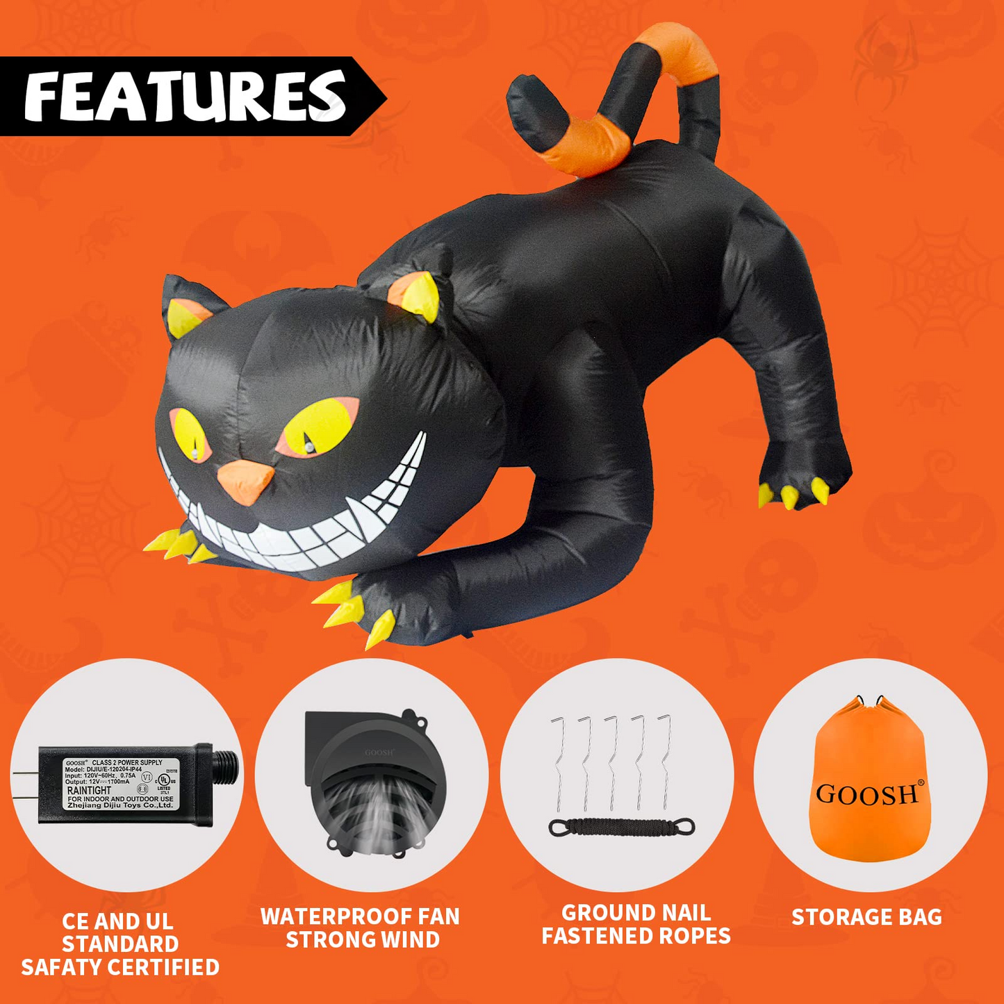 GOOSH 6 FT Halloween Inflatables Outdoor Black Cat with Fangs, Blow Up Yard Decoration Clearance with LED Lights Built-in for Holiday/Party/Yard/Garden
