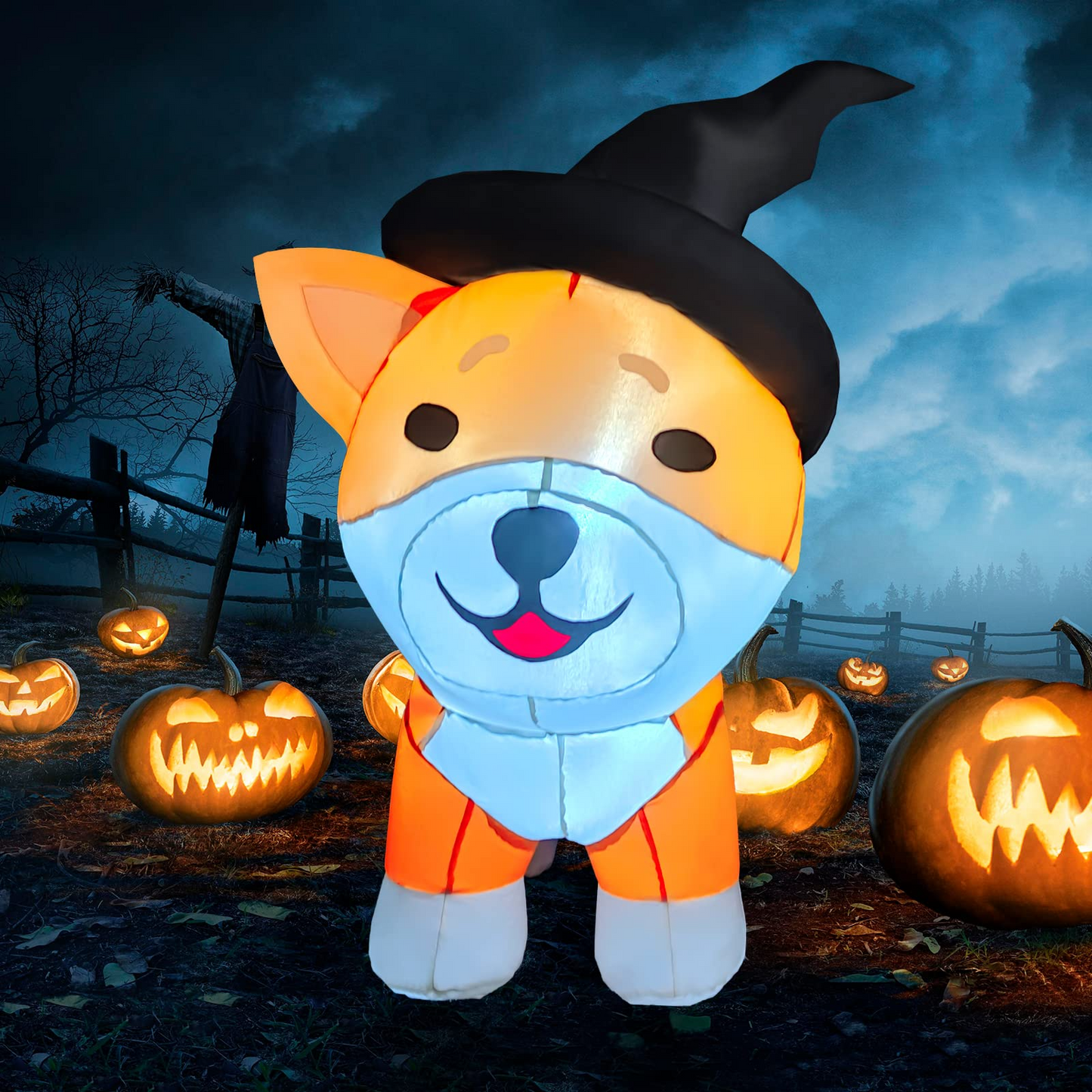 GOOSH 4 FT Halloween Inflatables Dog Outdoor Decorations Blow Up Yard Wizard Shiba Inu Dog with Built-in LEDs for Indoor Party Garden Lawn Decor