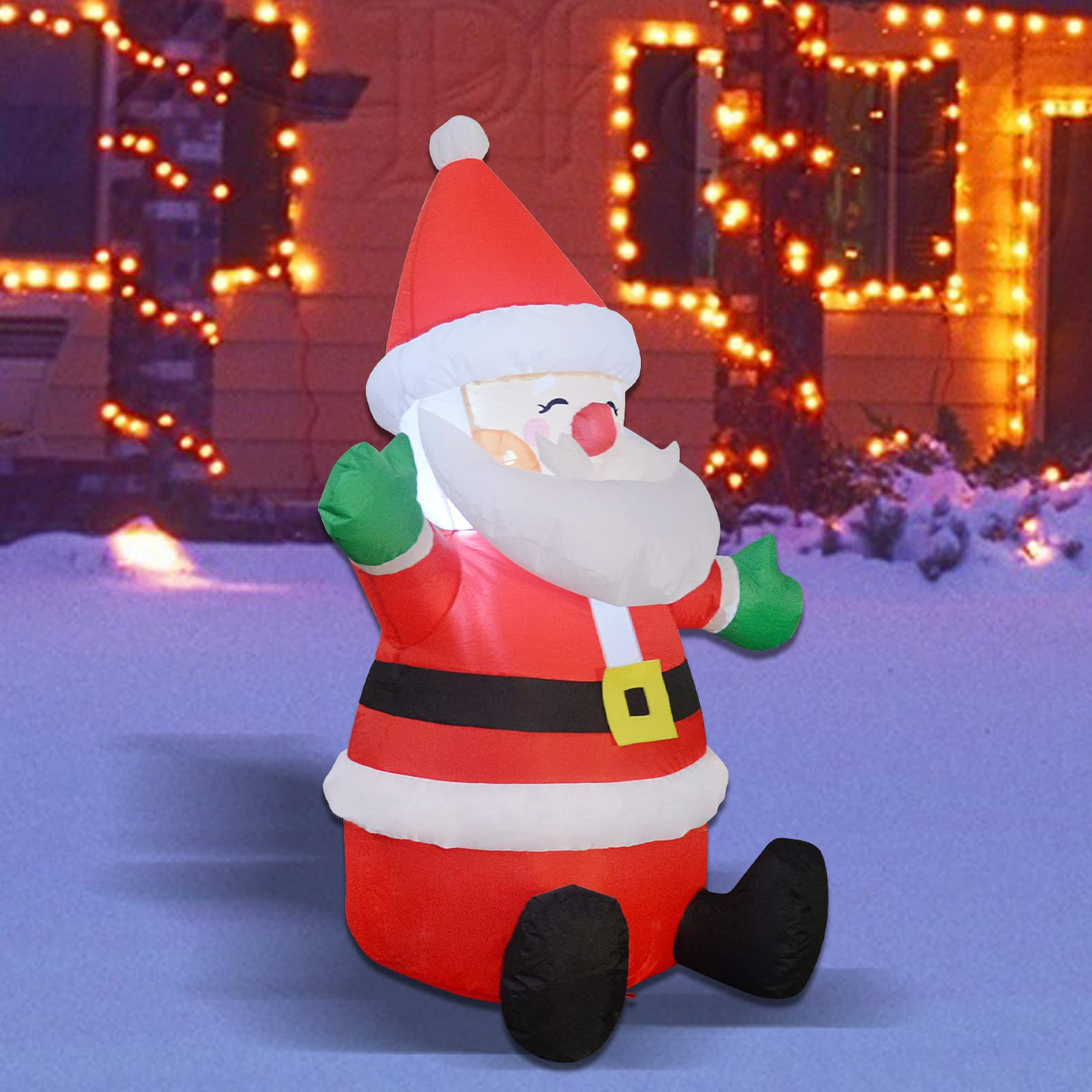 GOOSH 4 FT Christmas Inflatable Outdoor Sitting Cute Smiley Santa Claus with Built-in LED Light, Blow-up Yard Christmas Decoration for Party/Indoor/Outdoor/Yard/Garden/Lawn