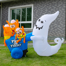 Load image into Gallery viewer, GOOSH 5.4 FT Height Halloween Inflatables Outdoor Ghost with Candy Cart, Blow Up Yard Decoration Clearance with LED Lights Built-in for Holiday/Party/Yard/Garden
