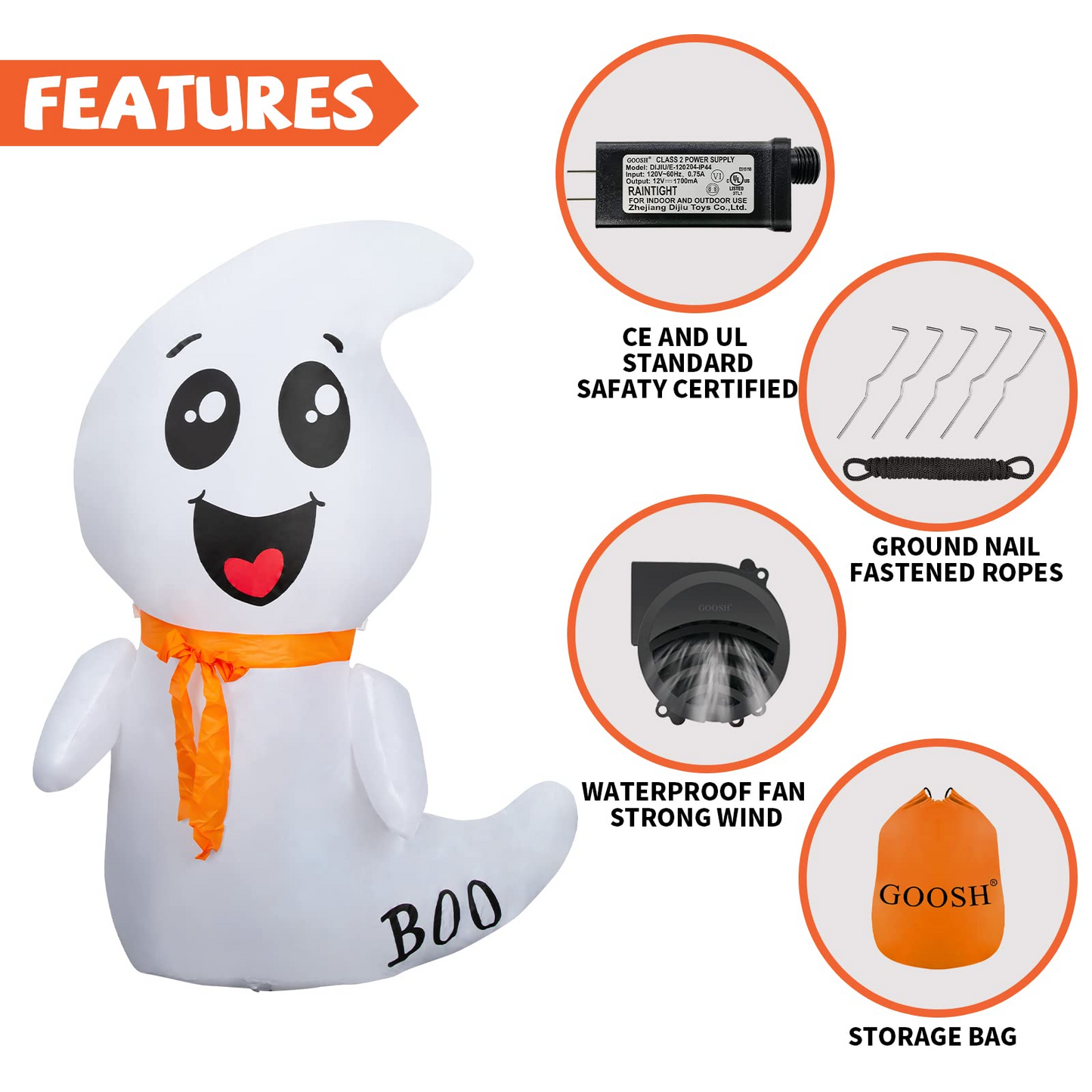 GOOSH 4 FT Halloween Inflatable Outdoor White Cute Ghost with Build-in LEDs Blow Up Inflatables for Halloween Party Indoor Outdoor Yard Garden Lawn Decorations