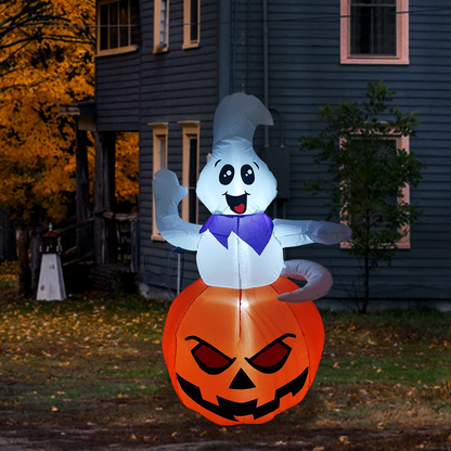 GOOSH 5 FT Halloween Inflatable Outdoor Ghost Sitting on The Pumpkin, Blow Up Yard Decoration Clearance with LED Lights Built-in for Holiday/Party/Yard/Garden