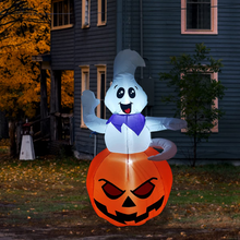 Load image into Gallery viewer, GOOSH 5 FT Halloween Inflatable Outdoor Ghost Sitting on The Pumpkin, Blow Up Yard Decoration Clearance with LED Lights Built-in for Holiday/Party/Yard/Garden
