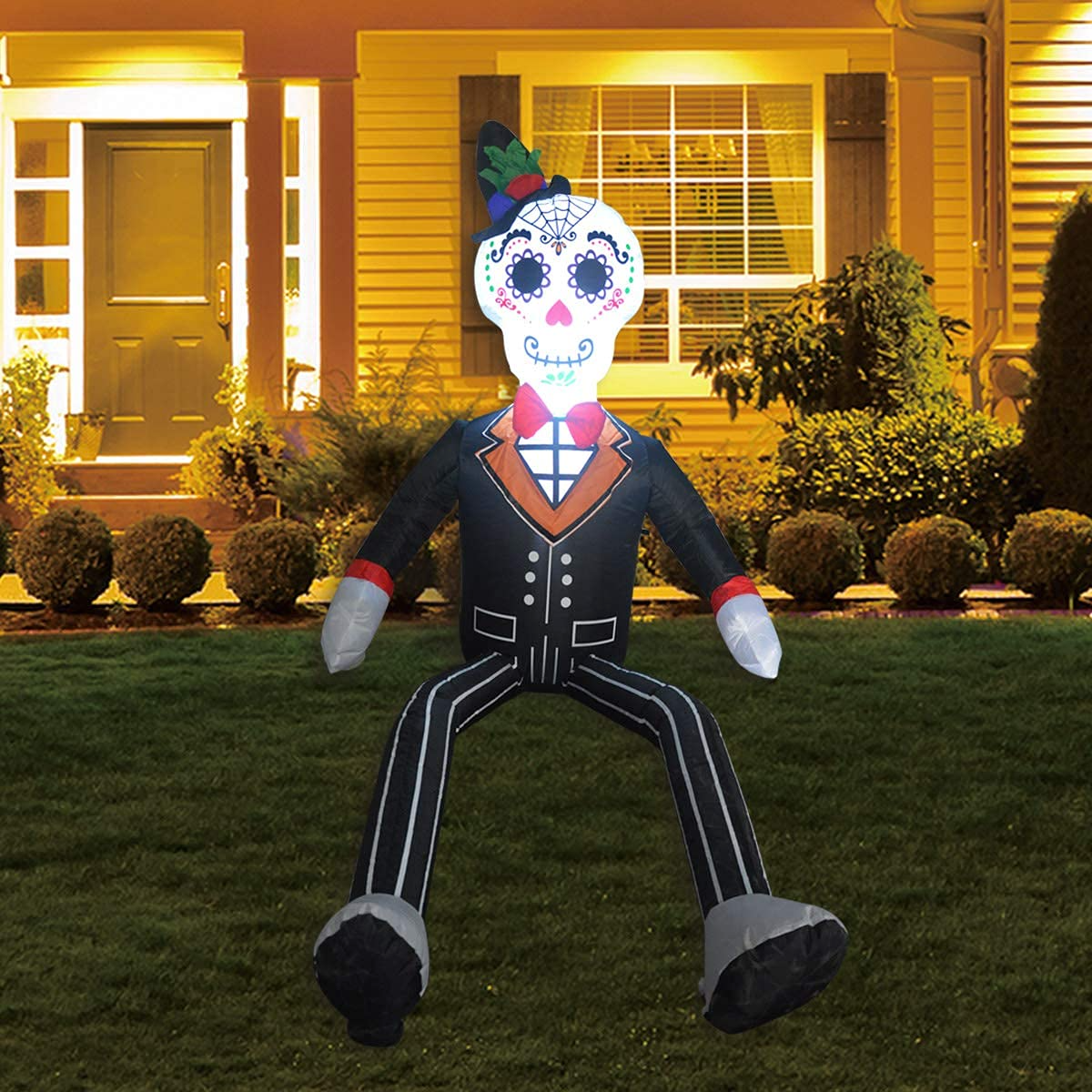 GOOSH 4 FT Halloween Inflatable Gentleman Sitting Ghost Curved Legs with LED Lights Built-in for Holiday Day of The Dead Party Yard Garden
