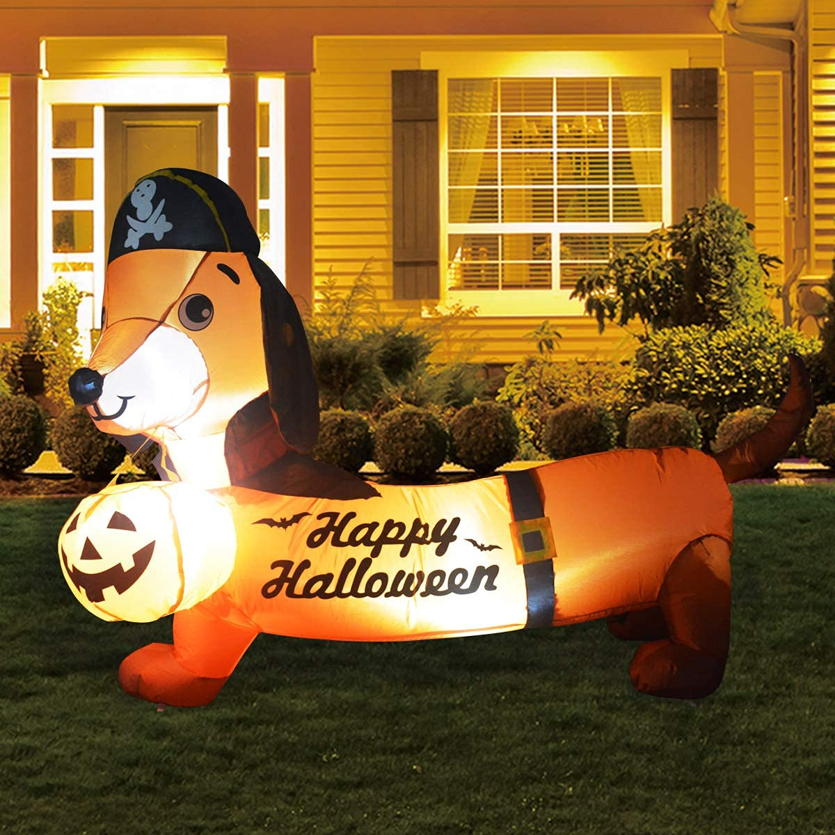 GOOSH 5 FT Halloween Inflatable Outdoor Dog with a Pumpkin & Pirate Hat, Blow Up Yard Decoration Clearance with LED Lights Built-in for Holiday/Party/Yard/Garden
