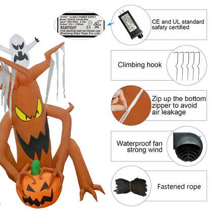 8-Foot Halloween Inflatable Decoration Giant Sitting Monster Tree Holding Pumpkin with Ghost on Top Built-in LED Light, Indoor/Outdoor, Yard, Garden, Patio, Lawn Halloween Blow Up Decor