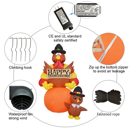GOOSH 6 FT Thanksgiving Inflatables Turkey Outdoor Decorations Blow Up Yard Turkey on Pumpkin with Turkey Baby with Built-in LEDs for Indoor Party Garden Lawn Decor