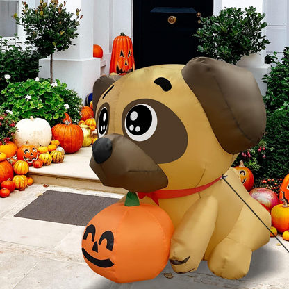 GOOSH 5 FT Halloween Inflatables Dog Outdoor Yard Decorations Blow Up Pug Holding Pumpkin with Built-in LEDs for Indoor Party Garden Lawn Decor