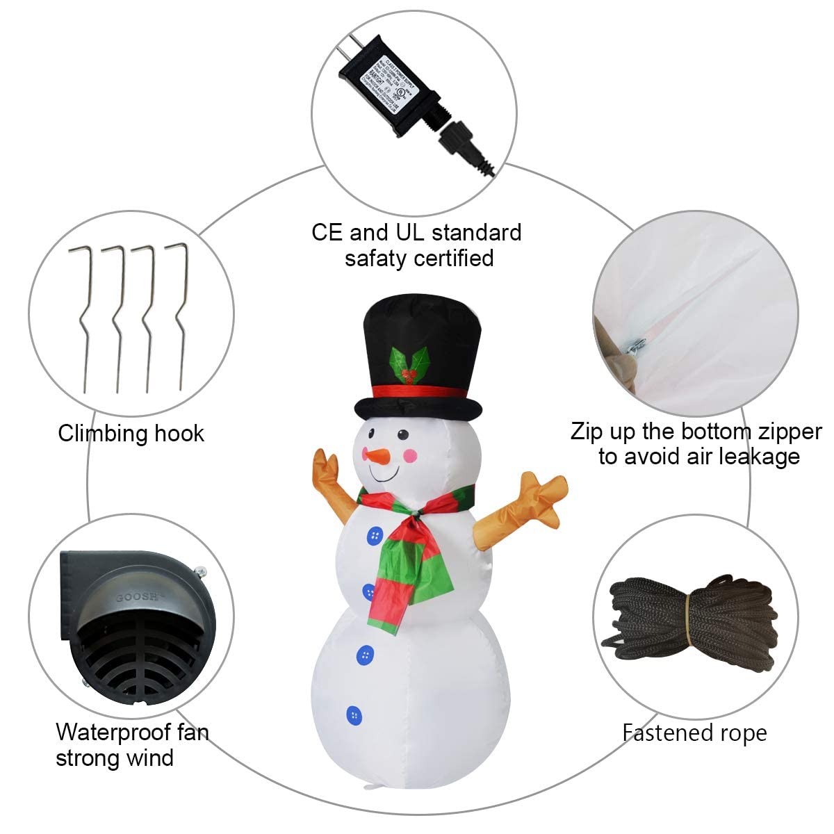 GOOSH 4 FT Height Christmas Inflatable Outdoor Snowman with Top Hat, Blow Up Yard Decoration Clearance with LED Lights Built-in for Holiday/Party/Xmas/Yard/Garden(12pcs/case)