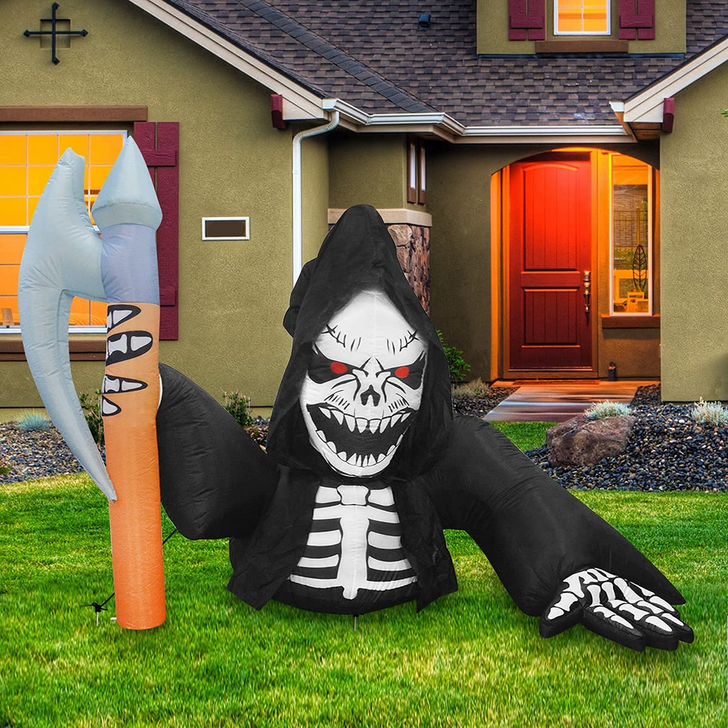 GOOSH 6.8 FT Length Halloween Inflatables Outdoor Skeleton Ghost, Blow Up Yard Decoration Clearae with LED Lights Built-in for Holiday/Party/Yard/Garden