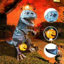 Load image into Gallery viewer, GOOSH 6.5 FT Inflatable Skeleton Dinosaur with Build-in LEDs T-Rex Holding Pumpkin for Halloween Yard Decor Indoor Outdoor Yard Lawn Decorations
