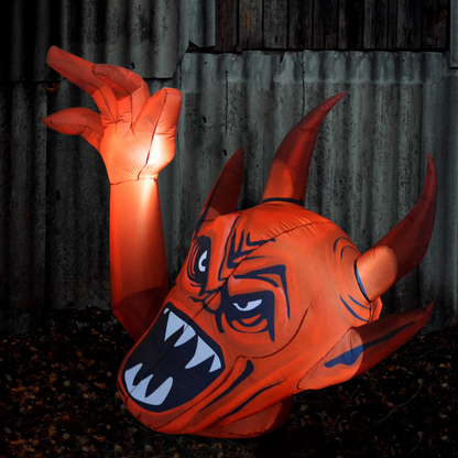 GOOSH 5 Foot Length Halloween Inflatables Halloween Red Devil Raise Hands with Build-in LED Light Blow Up Inflatables for Halloween Party Indoor Outdoor Tree Yard Garden Lawn Decorations