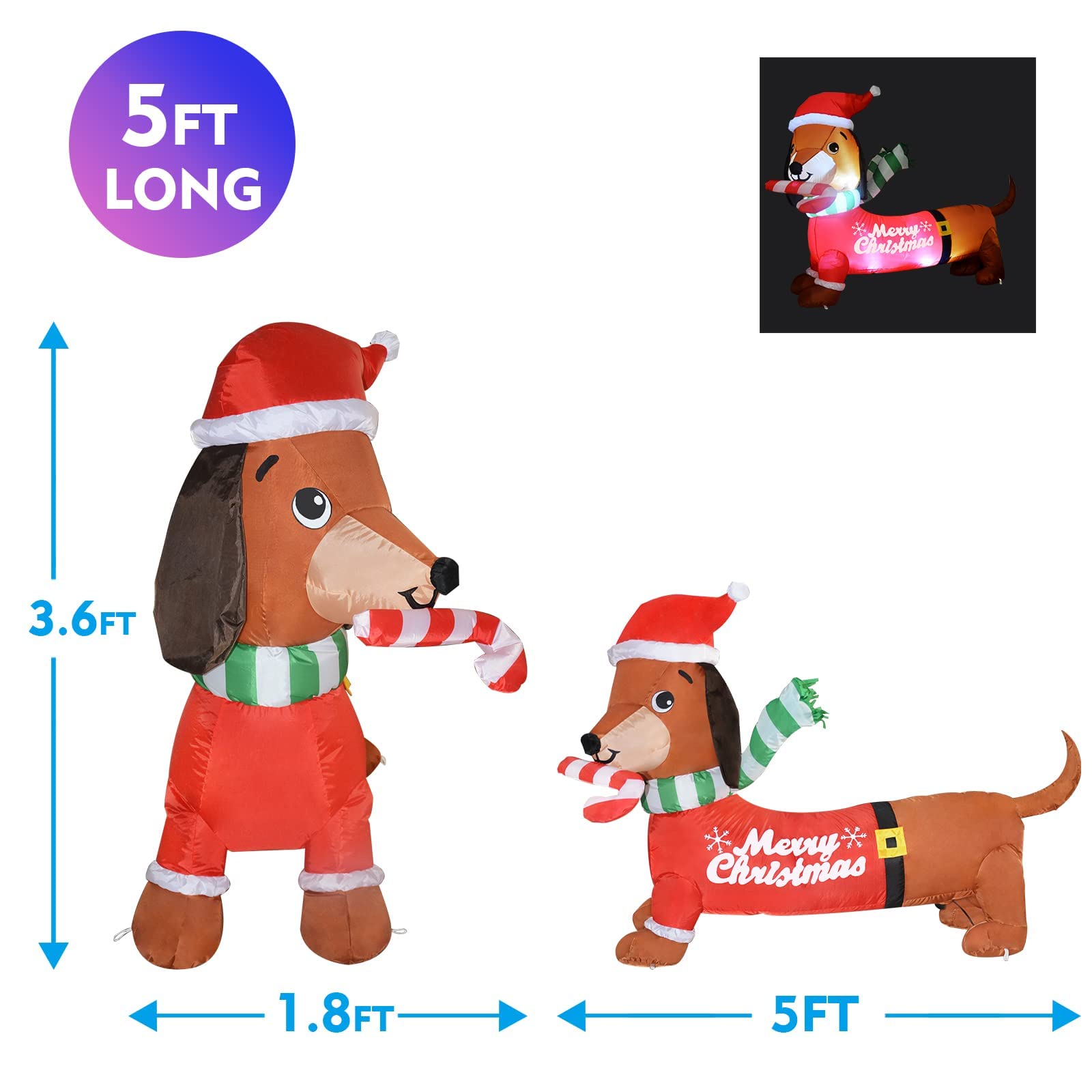 5FT L Christmas Inflatable Dachshund Dog With Build-in LED Lights, Blow